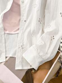 Airaco Women's Laser Cut Embroidered Long Sleeve Button-Down Casual Shirt - White - View 5