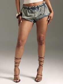 Denimoi Women's Casual Ruffled Waist Denim Shorts - Black - View 1