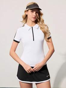 CourtClass Women's Contrast Color Zipper Design Raglan Short Sleeve Golf Polo Shirt - White - View 4