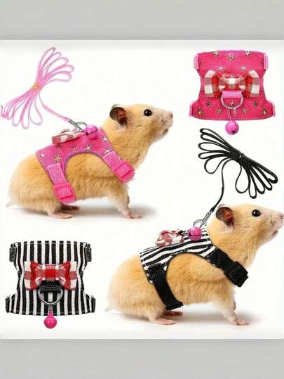Bộ dây đeo và dây dắt thú cưng kèm nơ lá và chuông cho các loài vật nhỏ như chuột lang, chuột hamster, chuột nhắt, trang phục đi dạo ngoài trời, phụ kiện thời trang cho thú cưng, dây đeo mềm có thể điều chỉnh cho thú cưng nhỏ, phụ kiện cho động vật nhỏ, đạo cụ chụp ảnh thú cưng dễ thương, quà tặng cho người yêu thú cưng.