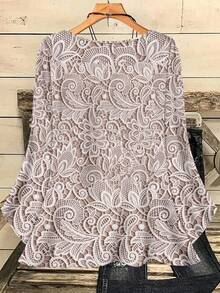 EMERY ROSE Camisa holgada de cuello redondo con estampado integral para mujer de talla grande, otoño/invierno - Rosa vieja - Ver 2