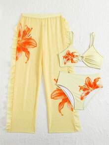 SHEIN 少女三件套比基尼泳衣，包含印花泳衣。浅黄色百合印花三件套泳衣，全新夏季款式，亲肤速干。圆领设计，高腰弹力腰带。非常适合儿童海滩度假、沙滩和泳池边穿着。打造清新活力造型的必备单品。夏季女童沙滩泳装 - 黃色 - 查看 5