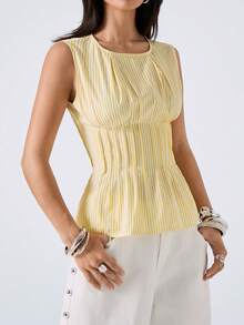 LYSMO 女士条纹圆领褶皱休闲百搭日常上衣 - 淡黃色 - 查看 3