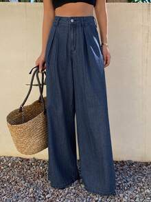 Dazy Tall Tall Women's Striped Fabric Pleated Loose Vacation Style Long Jeans - Medium Wash - View 3