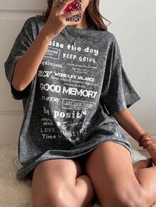 DAZY Women's Round Neck Short Sleeve Distressed Fabric Printed Loose Pullover Casual T-Shirt Y2k Graphic Tees Women Oversized - Black - View 2