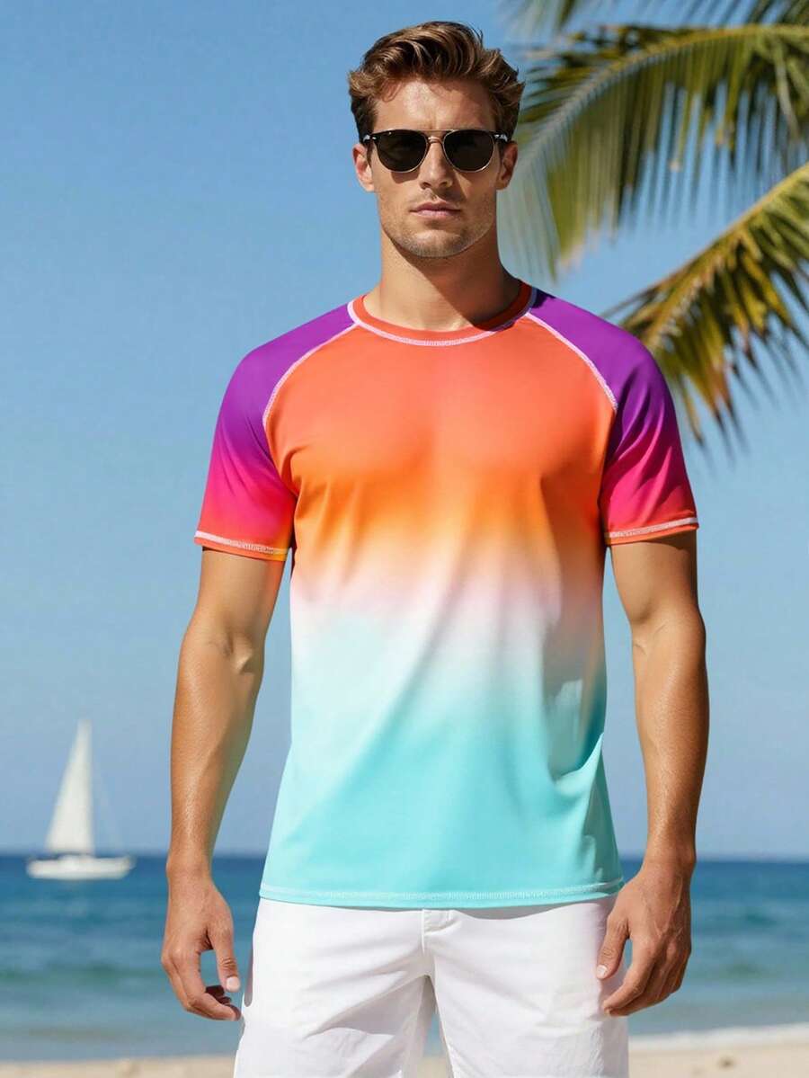 Manfinity Swimmode Áo chống nắng tay raglan phối màu chuyển sắc dành cho nam, đồ bơi mùa hè. - Màu Cam san hô - Xem 1