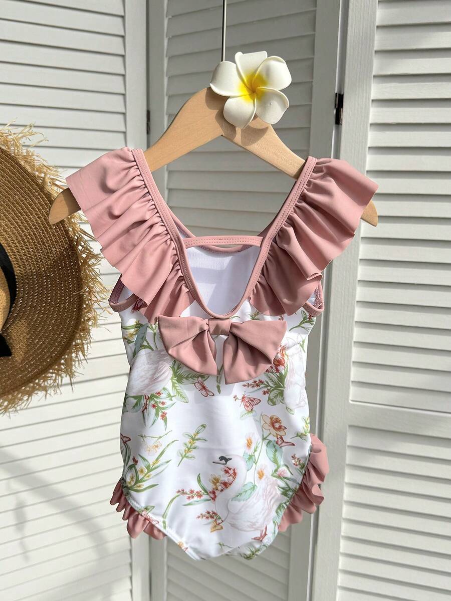 Dazy Kids Bộ đồ bơi liền thân xếp nếp in hoa cho bé gái - Hồng - Xem 1