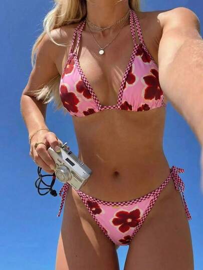 Swim Mod 春夏新款印花三角杯系带比基尼泳裤可爱少女吊带比基尼套装
