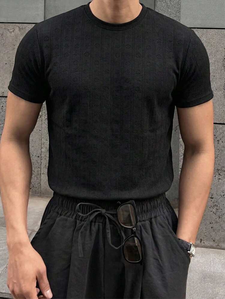 Men's Solid Color Textured Fabric Casual Short Sleeve T-Shirt, Summer