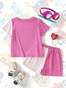 SHEIN | PAW Patrol Conjunto de camiseta de verano casual con cuello redondo, manga corta y estampado lindo para niñas - Rosa - Ver 3