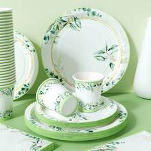 Platos, servilletas y vasos desechables con borde de hojas verdes, set de suministros para fiestas, sirve a 24 personas, vajilla de papel desechable para fiestas, adecuada para cumpleaños, bodas, fiestas temáticas y picnics familiares. - Ver 3