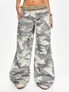 ROMWE Street Life Casual Street Style Cuffed Waist Design Loose Wide Leg Camouflage Jeans - Multicolor - View 5