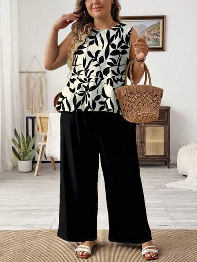 SHEIN LUNE 休闲、简约、浪漫的印花上衣+黑色长裤加大码女式两件套，非常适合春夏度假。
