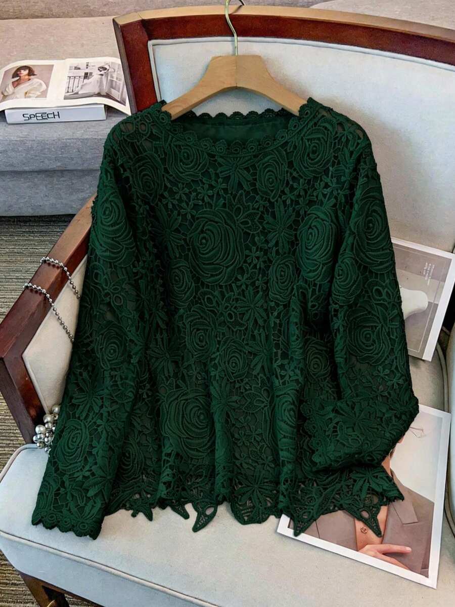 GlowEve CURVE Plus Size Women Lace Round Neck Long Sleeve Loose Elegant Blouse - Dark Green - View 1