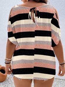 SHEIN LUNE Áo thun ngắn tay hở vai phối màu kẻ sọc cỡ lớn, áo thun mùa hè, áo nữ họa tiết, áo kiểu nữ, áo nữ mùa hè dễ thương, áo nữ thời trang, áo nữ mùa hè, áo kiểu thường ngày. - Nhiều màu - Xem 2
