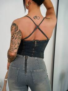 SAYEHFBABY Áo denim thường ngày hở lưng dây mảnh cổ yếm cho nữ, không tay, khóa kéo chéo sau lưng - Rửa tối - Xem 2