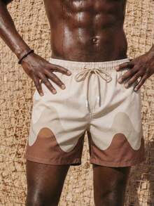 ZELFYO 男士纯色拼接系带口袋简约沙滩短裤，休闲日常穿着，夏威夷风 - 杏色 - 查看 1