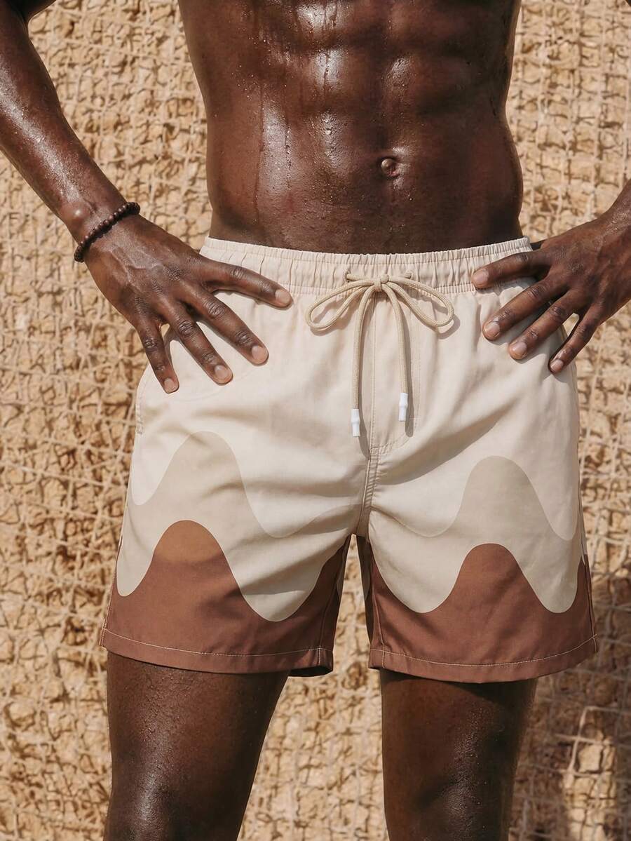 ZELFYO 男士纯色拼接系带口袋简约沙滩短裤，休闲日常穿着，夏威夷风 - 杏色 - 查看 1