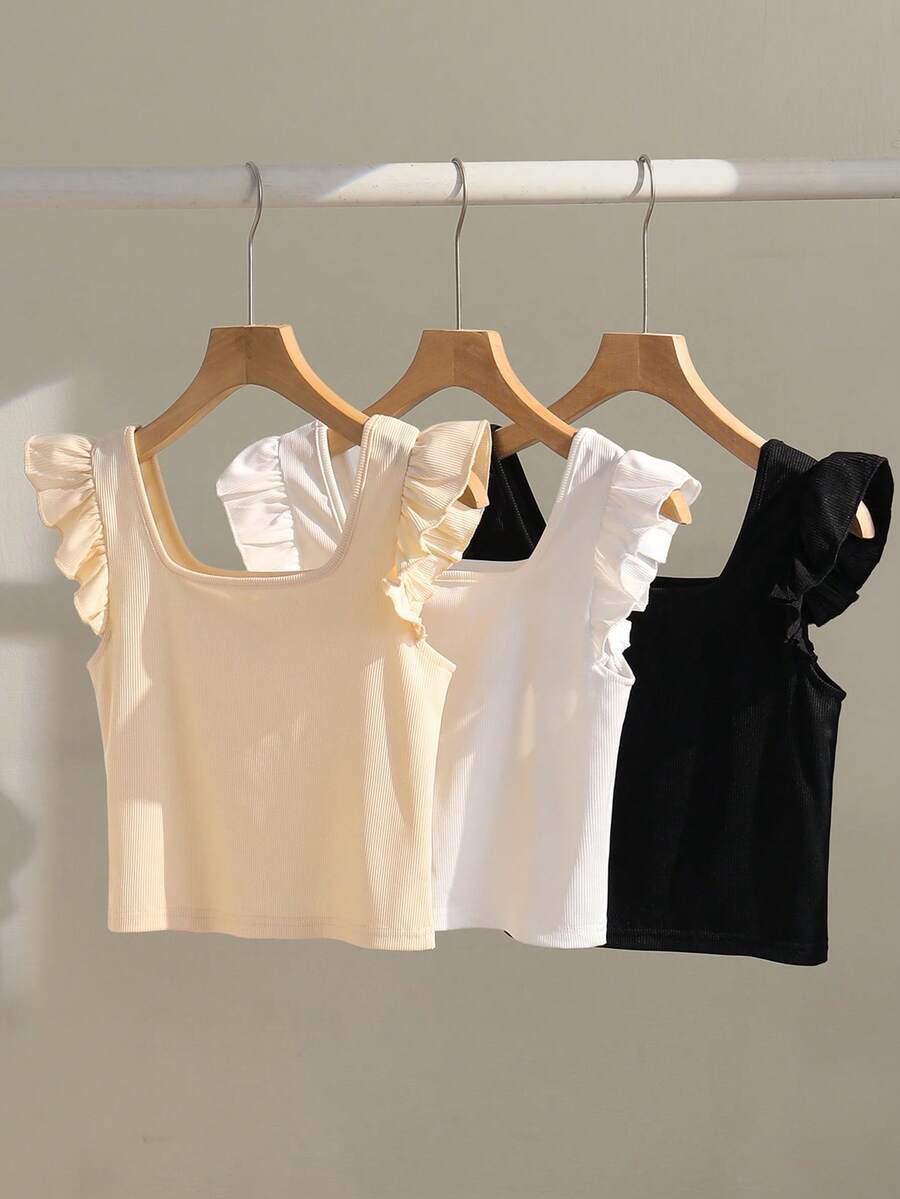 3pcs/Set Girls Sleeveless Fitted Cropped Tops, Casual Daily Wear Camisole For Teens, Summer - Apricot - View 1