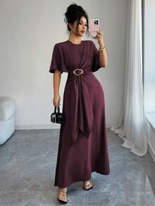 Elenzga Elegantes, lässiges Pendler-/Urlaubskleid mit rundem Ausschnitt, Kreuzband-Bindung, Metallschnalle in Taillenhöhe, A-Linie, Langarm mit Glockenärmel, Maxikleid, Frühling/Herbst/Winter, formelles Kleid, burgunderrotes Kleid, Damenkleid, Maxikleider, elegantes, klassisches Damenkleid - Rot-violett - Übersicht 7