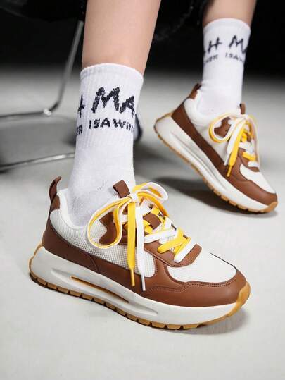 Vate Women Breathable Cushioned Platform Sneakers Colorblock Lace-Up Chunky Sole Walking Shoes Casual Sport Style For Daily Wear Travel Spring Summer White Mesh Athletic Shoes