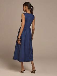 COSMINA Vestido largo azul elegante para mujer, sin mangas, diseño de cuello en V con lazo delantero, vestido de línea A - Azul Marino - Ver 2