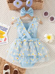 SHEIN 2件套女婴夏季新款圆领大碎花连体衣，带背带和网纱雏菊印花，休闲可爱套装+蝴蝶结发带 - 綠色 - 查看 2