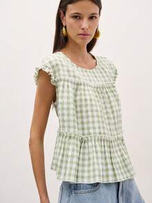 Nöista Women's Light Green And White Checkered Sleeveless Ruffled Top - Green - View 1