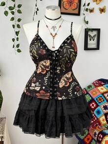 Sunspun Plus Size Dark Style Printed Eyelet Tape Decor Camisole - Multicolor - View 3