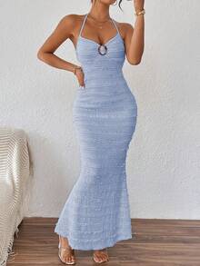 Rafferiza Petite Đầm maxi nữ kiểu đuôi cá cổ yếm với đường viền phía trước có họa tiết. - Xám Xanh - Xem 6
