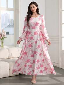 Al Najma Round Neck Lantern Sleeve Side Drawstring Dual-Color Print Dress - Pink - View 3