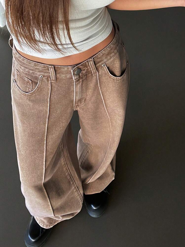 Women's Low Waist Distressed Decor Casual Loose Flare Leg Washed Brown Denim Jeans