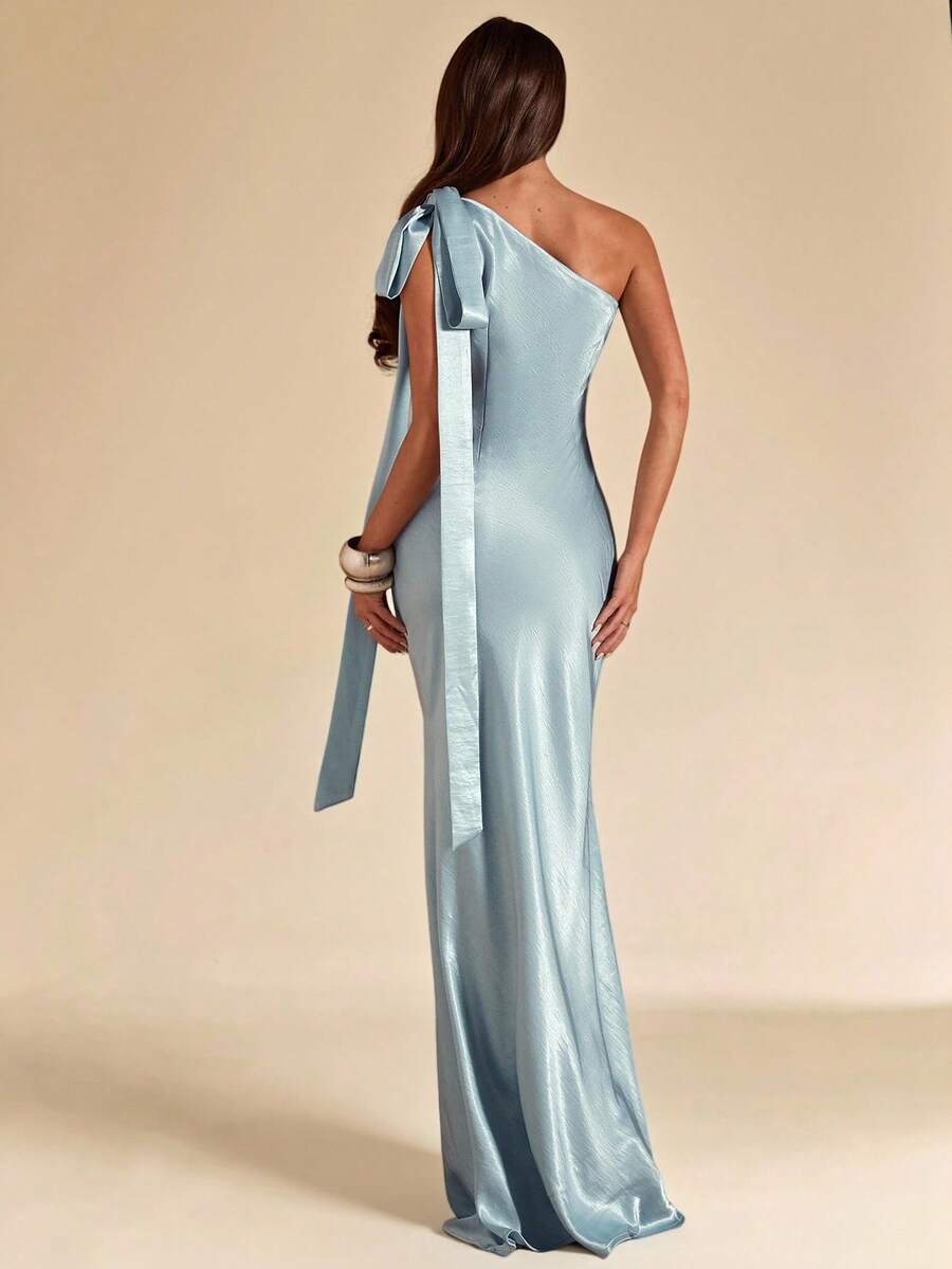 SHEIN BAE Đầm satin màu xanh băng giá với thiết kế cổ bất đối xứng, thanh lịch, thích hợp cho khách dự đám cưới, phù dâu hoặc các buổi tiệc xã giao. - Màu xanh lam - Xem 1