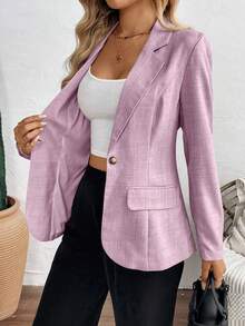 SHEIN 女款藕紫色翻領單排扣西裝外套，秋季休閒商務辦公穿搭，純色長袖修身百搭商務款 - 粉色 - 查看 7