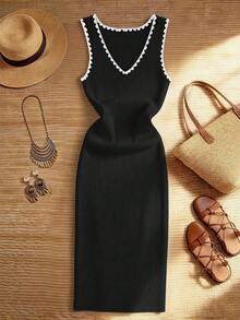 新款奢华时尚撞色V领简约优雅女装，夏季新款撞色无袖修身针织吊带连衣裙，性感妩媚日常通勤修身连衣裙 - 黑色 - 查看 8