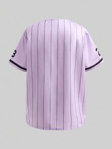 SHEIN 三件套少女时尚运动套装 - 黑色条纹复古字母印花宽松外套衬衫、白色修身吊带背心、黄色短裤 - 淡紫色 - 查看 8
