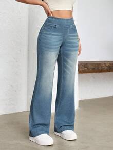 Flexra Women's Casual Washed High Waist Straight Leg Jeans - Blue - View 3