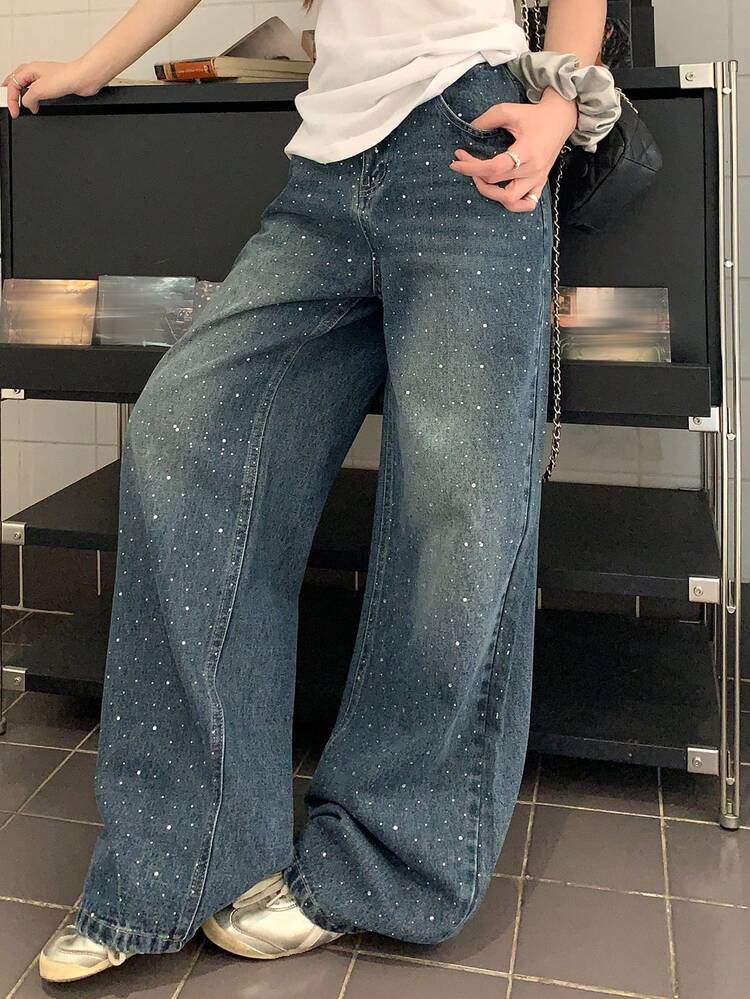 Women's Pocketed Button Rhinestone Embellished Casual Versatile Daily Wear Wide Leg Jeans