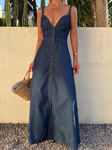 DAZY Vestido de mezclilla azul con cuello en V, botones frontales y abertura para vacaciones y playa para mujer - Azul - Ver 7