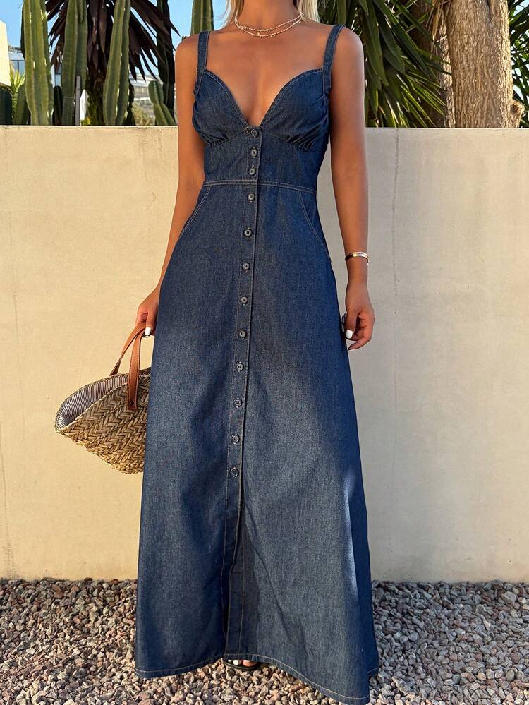 Women's Retro Denim Blue V-Neck Button Front Slit Vacation Beach Denim Dress