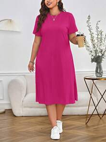 SHEIN Essnce Đầm hè dáng rộng, cổ tròn, tay ngắn, xẻ tà, kiểu dáng thường ngày. - Màu Hồng Tươi - Xem 5