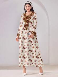 Al Najma 花卉图案长袖休闲端庄阿拉伯风格连衣裙 - 彩色 - 查看 3