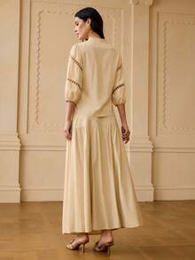 ZEYLAH 2pcs Linen Lace Patchwork Shirt And Mini Skirt Set, Spring/Summer - Apricot - View 3