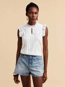 Travachic Woven Embroidered Mesh Elegant Sexy Casual Top For Women Golf White Summer - White - View 5