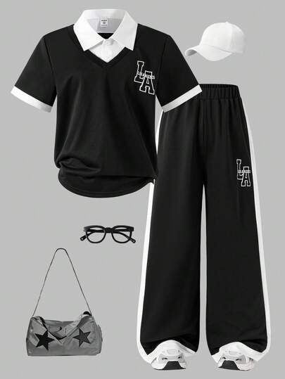 SHEIN 2pcs/Set Big Girls Short Sleeve T-Shirt, Casual Knit Tee, Gray Tee Patchwork With Blue Striped Shirt Collar, Cute Bow & Cherry Pattern Top, And Comfortable Loose Straight Leg Casual Pants, Sports Trousers, Suitable For School And Daily Wear, Spring/Summer