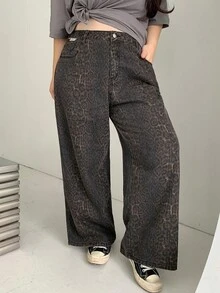 Dazy Plus Plus Size Loose Leopard Print Boyfriend Jeans - Brown - View 7