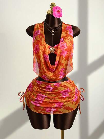 Zestiva Conjunto de traje de baño con estampado floral y efecto tie-dye para mujer, ideal para vacaciones en la playa