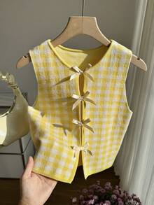 Comfortcana Women's Pale Yellow Plaid Bow Accent Knit Top - Pale Yellow - View 4