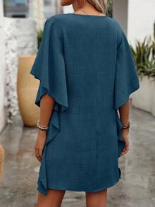 EMERY ROSE Đầm nữ dáng suông màu trơn, kiểu dáng thường ngày, có bèo nhún, thích hợp cho kỳ nghỉ. - Màu xanh lam - Xem 2