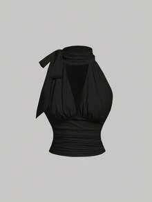 SHEIN MOD Áo cổ yếm khoét rỗng với dây đeo nơ - màu đen - Xem 4
